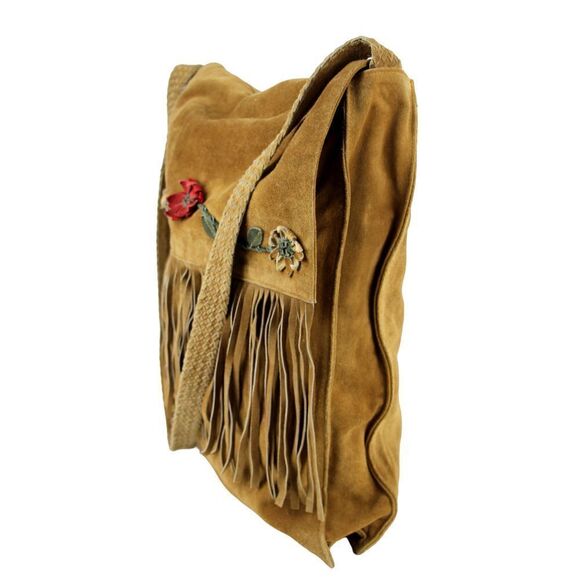 Shelley Wenum TAN BROWN GENUINE SUEDE FLORAL FLAP SHOULDER BAG HANDBAG PURSE - Picture 3 of 16